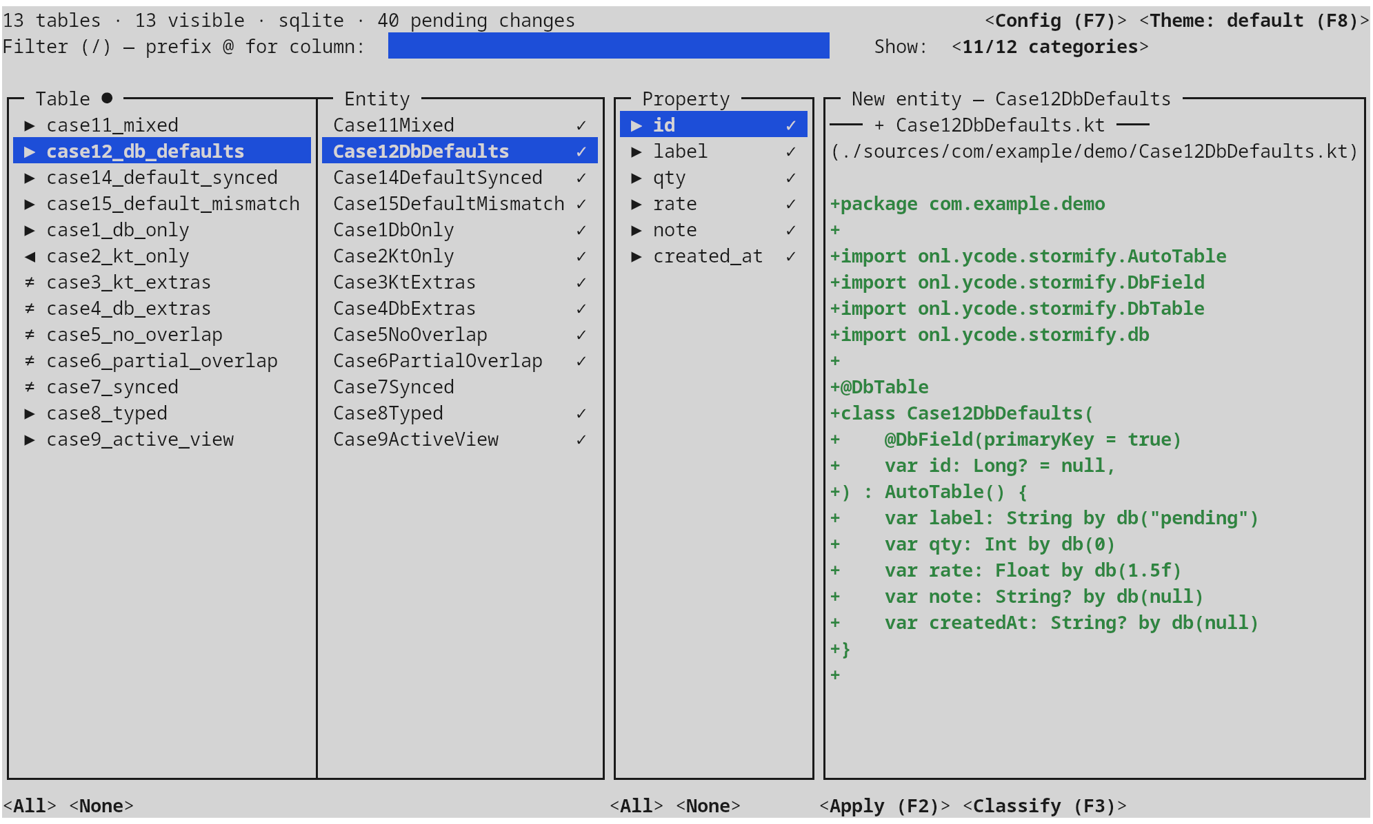 Property pane · DB columns highlighted in the diff preview