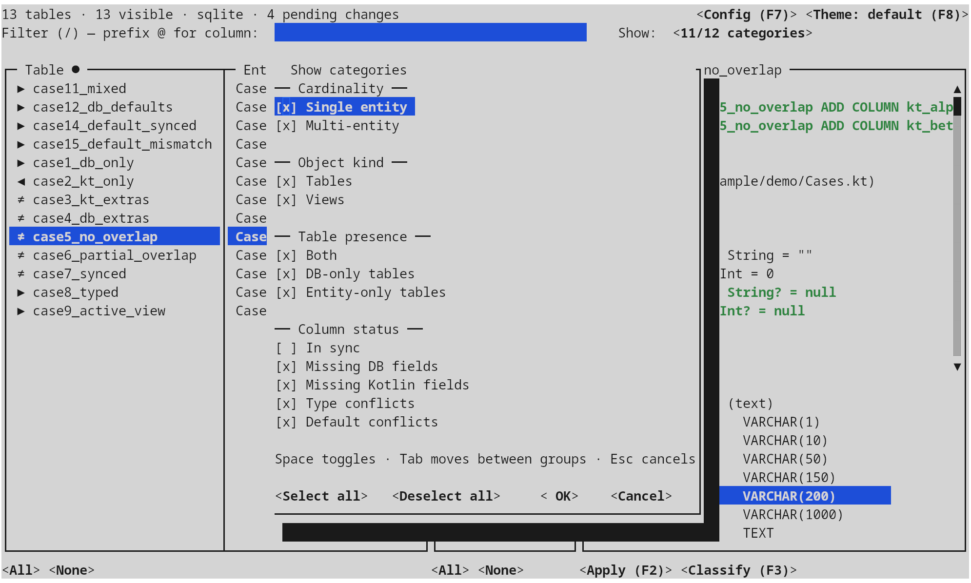 Show categories popup · four-axis filter selector