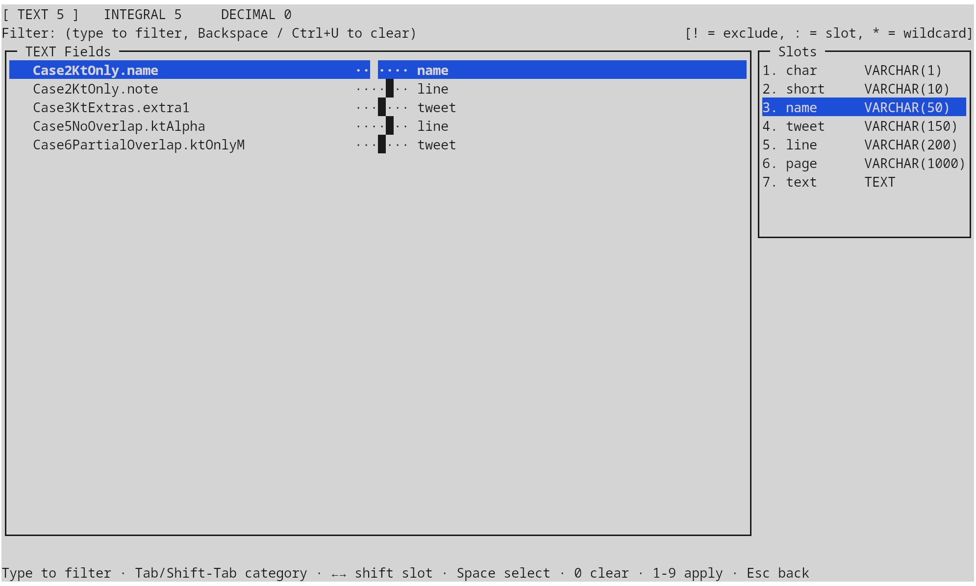 Bulk classify · TEXT pane filtered by name, slots pinned right
