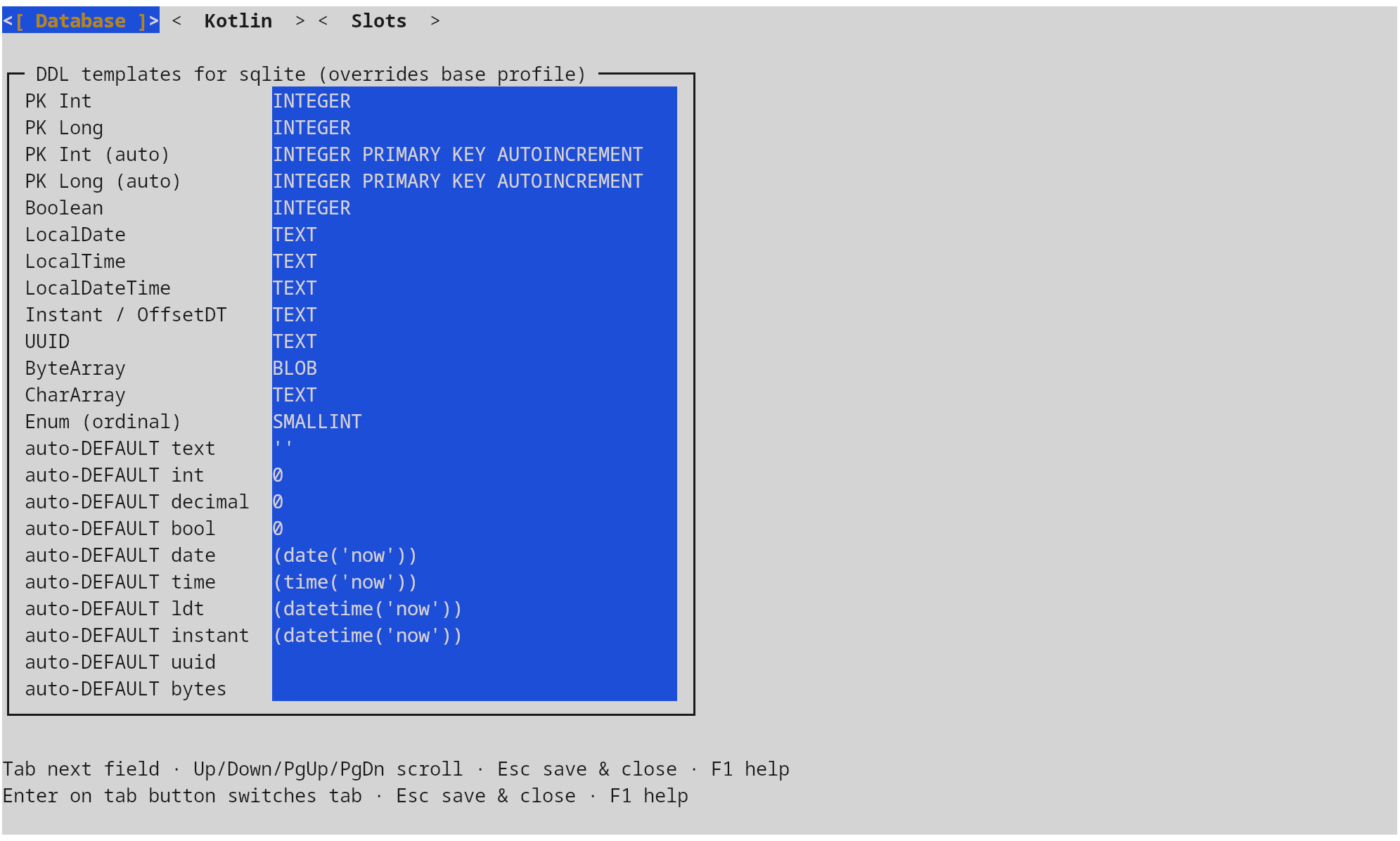 Defaults editor · per-dialect DDL templates and auto-default literals
