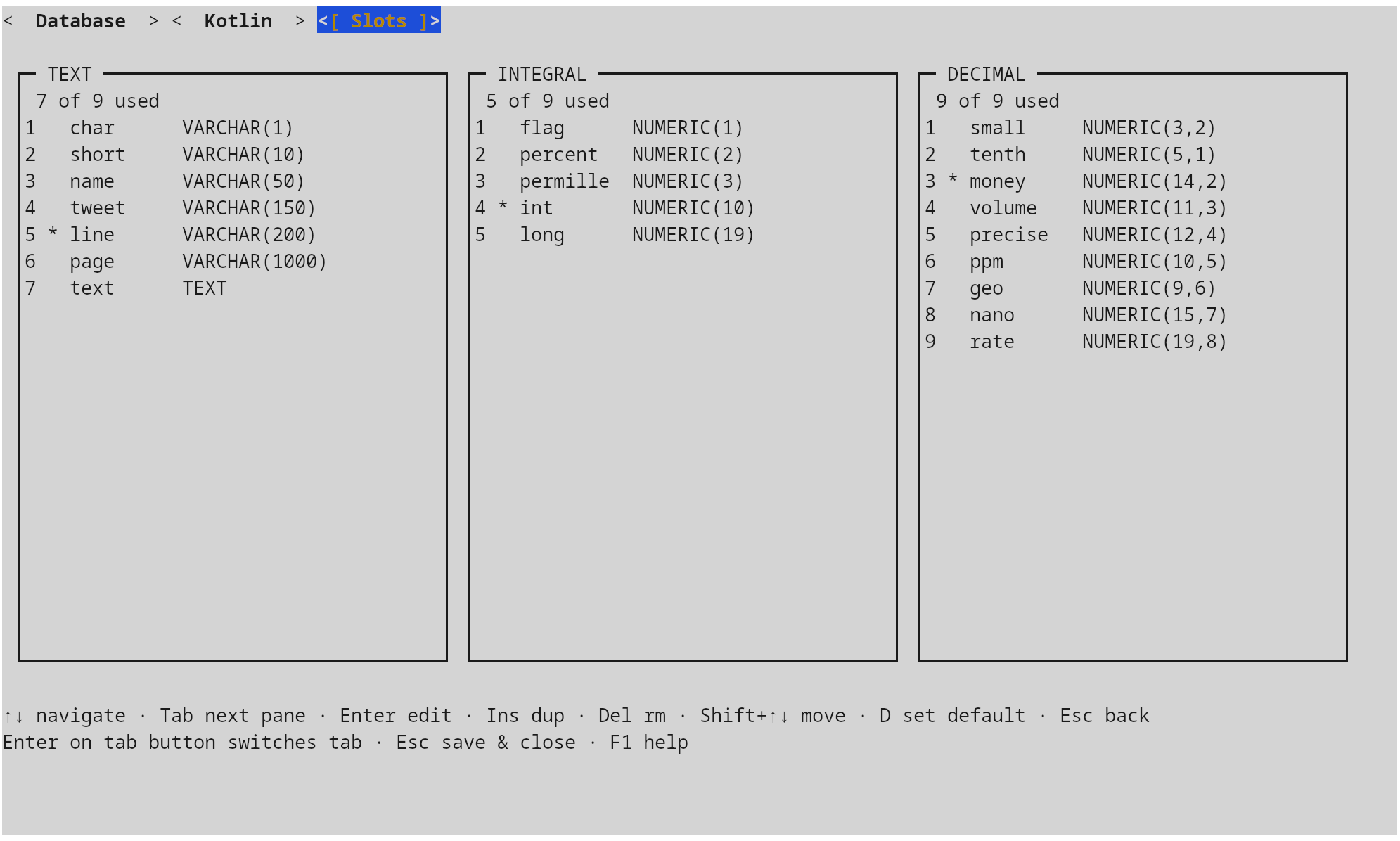 Slots editor · TEXT, INTEGRAL, DECIMAL panes with usage counts